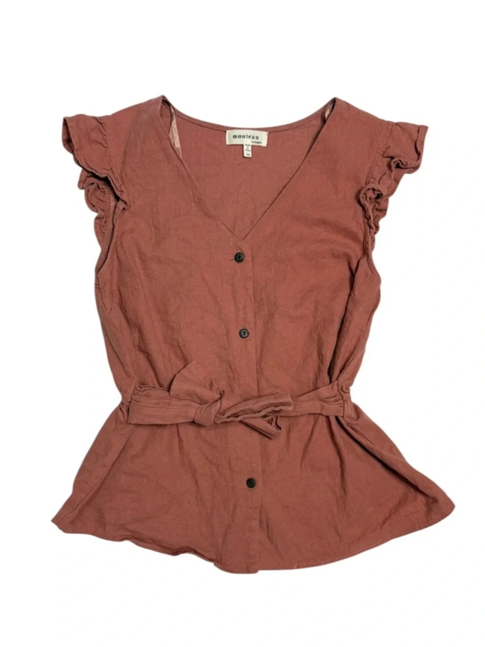 Monteau Women's linen blend orange Button-down babydoll Top - Picture 2 of 5